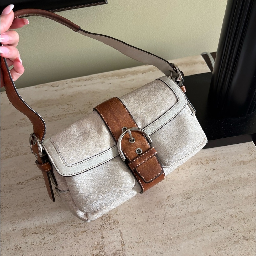 Coach Cream & Brown Buckle Shoulder Bag with Textured Logo Pattern